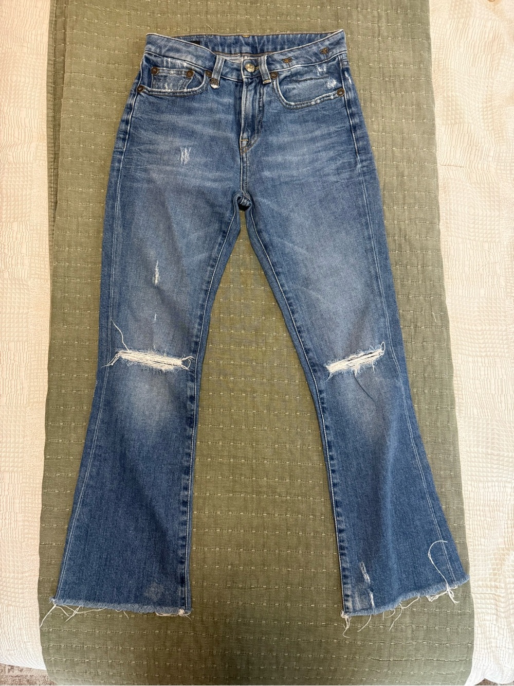 R13 Denim Italian Made Distressed Kick Flare Jeans - Medium Blue Wash - Size 24